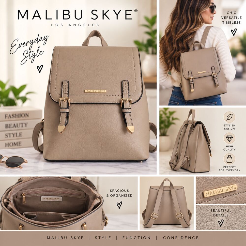 NWT Malibu Skye Taupe Faux Leather Backpack Gold Tone Buckle Flap